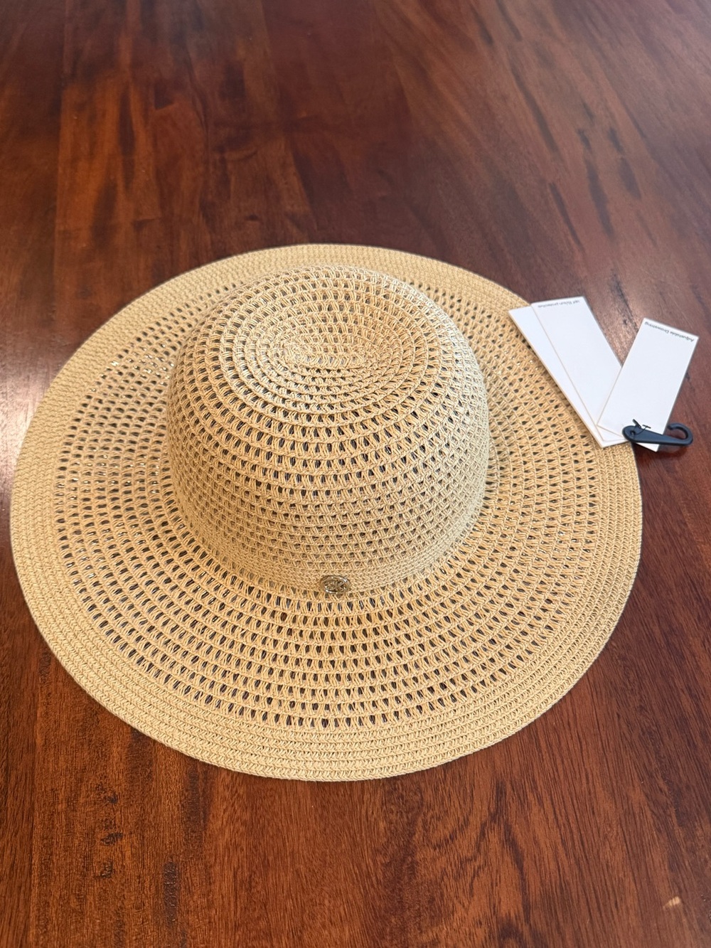Calvin Klein Wide Weave Straw Sun Hat - Natural Beige with Gold Accent